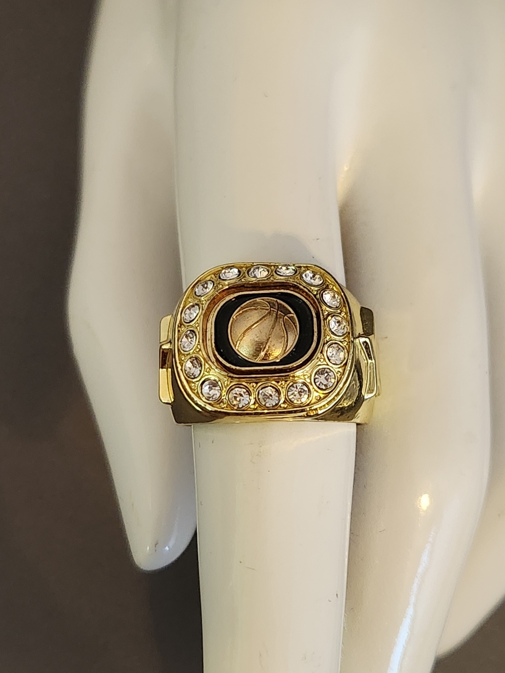 Crown Gold-Tone Black & Clear Crystal Basketball Signet Ring
